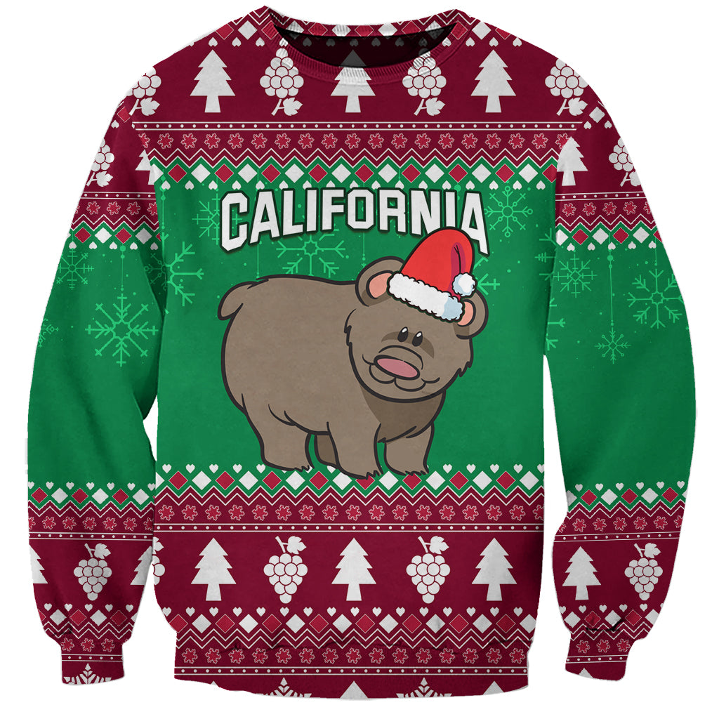 Festive Christmas sweatshirt: bear with Santa hat, green/burgundy pattern, California text