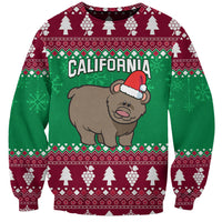 Festive Christmas sweatshirt: bear with Santa hat, green/burgundy pattern, California text