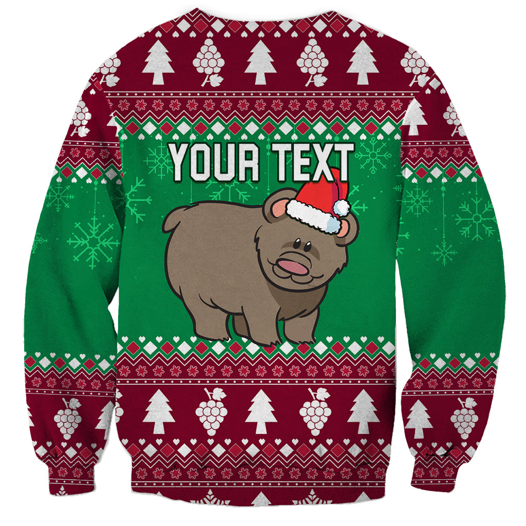 Festive Christmas sweatshirt: bear with Santa hat, green/burgundy pattern, 'Your text'