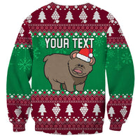 Festive Christmas sweatshirt: bear with Santa hat, green/burgundy pattern, 'Your text'