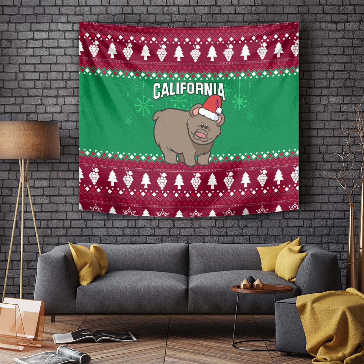 Holiday tapestry wall hanging: green bear in Santa hat, red border, “CALIFORNIA” text
