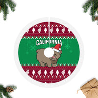 Fringed Christmas tree skirt with white edge, green and burgundy bear scene with CALIFORNIA.