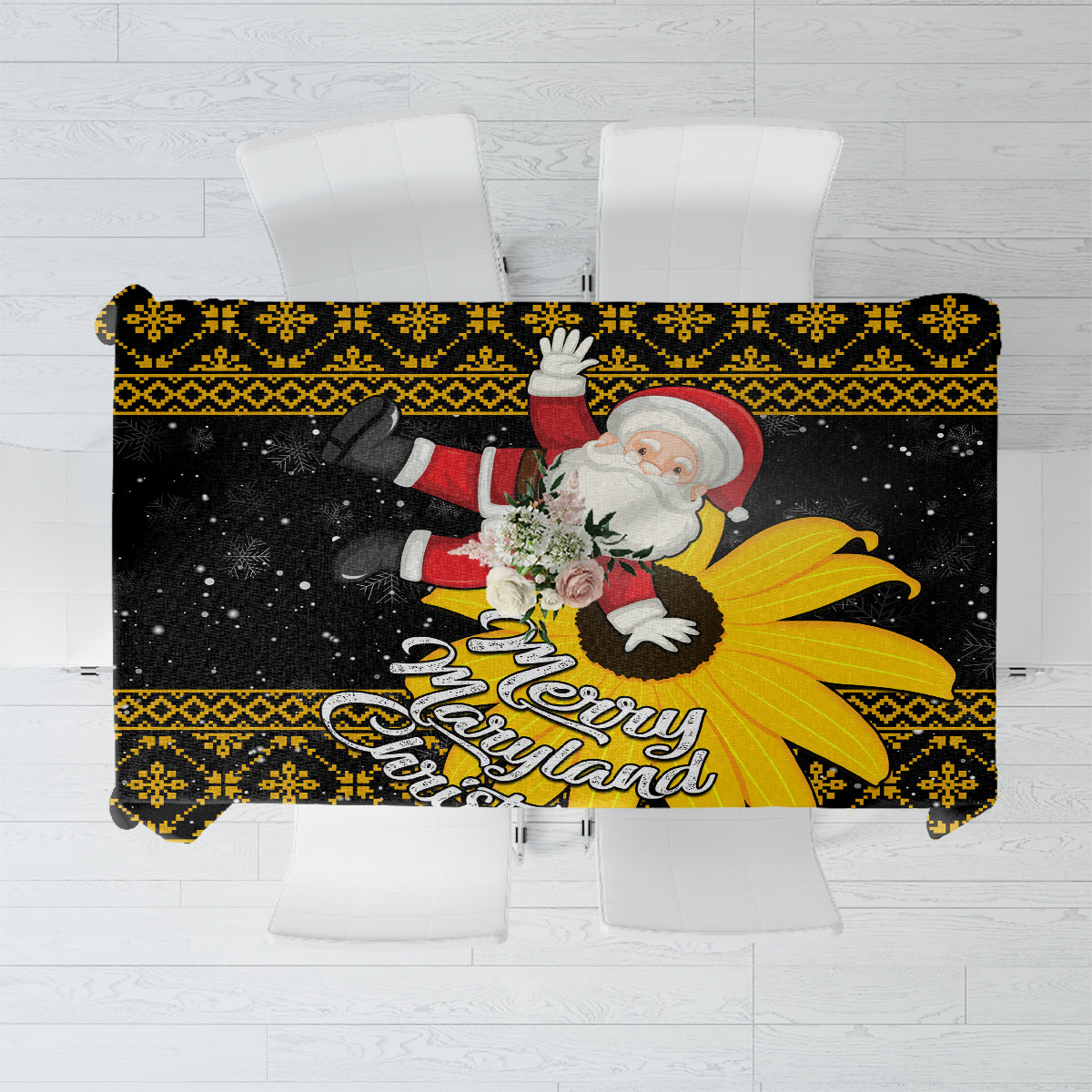 Christmas tablecloth with Santa and yellow floral accents on black-and-gold fabric