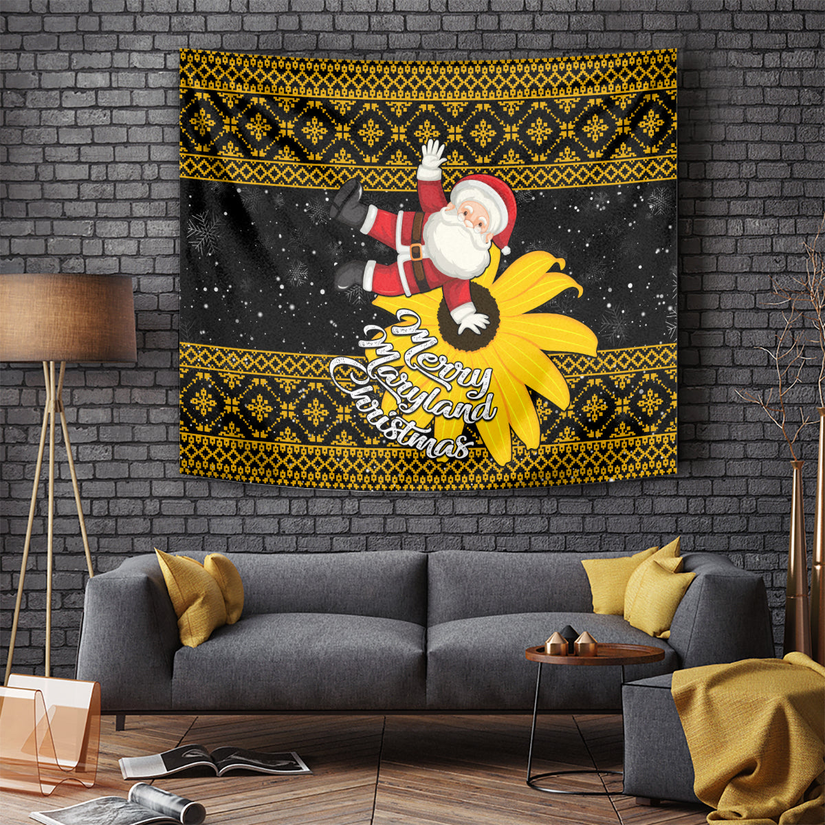 Black and yellow Maryland Christmas tapestry with Santa Claus holding a banner