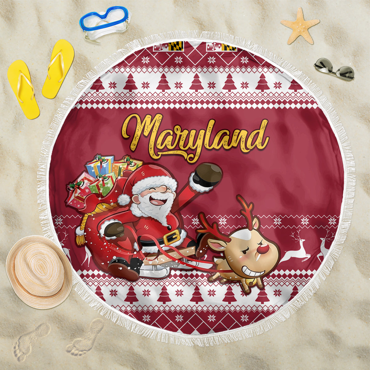 Round red Maryland beach blanket with Santa riding reindeer, white fringed edge.