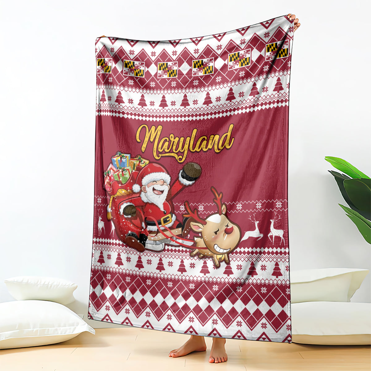 custom-maryland-christmas-blanket-santa-claus-riding-a-reindeer