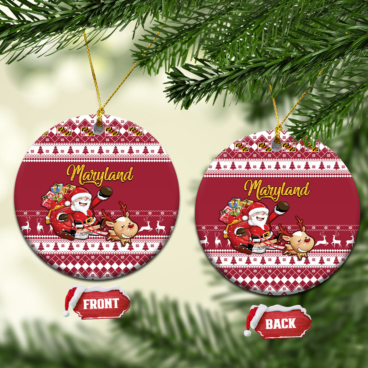 Red Maryland Christmas ceramic ornament, Santa riding reindeer on round design with gold hanging loop.