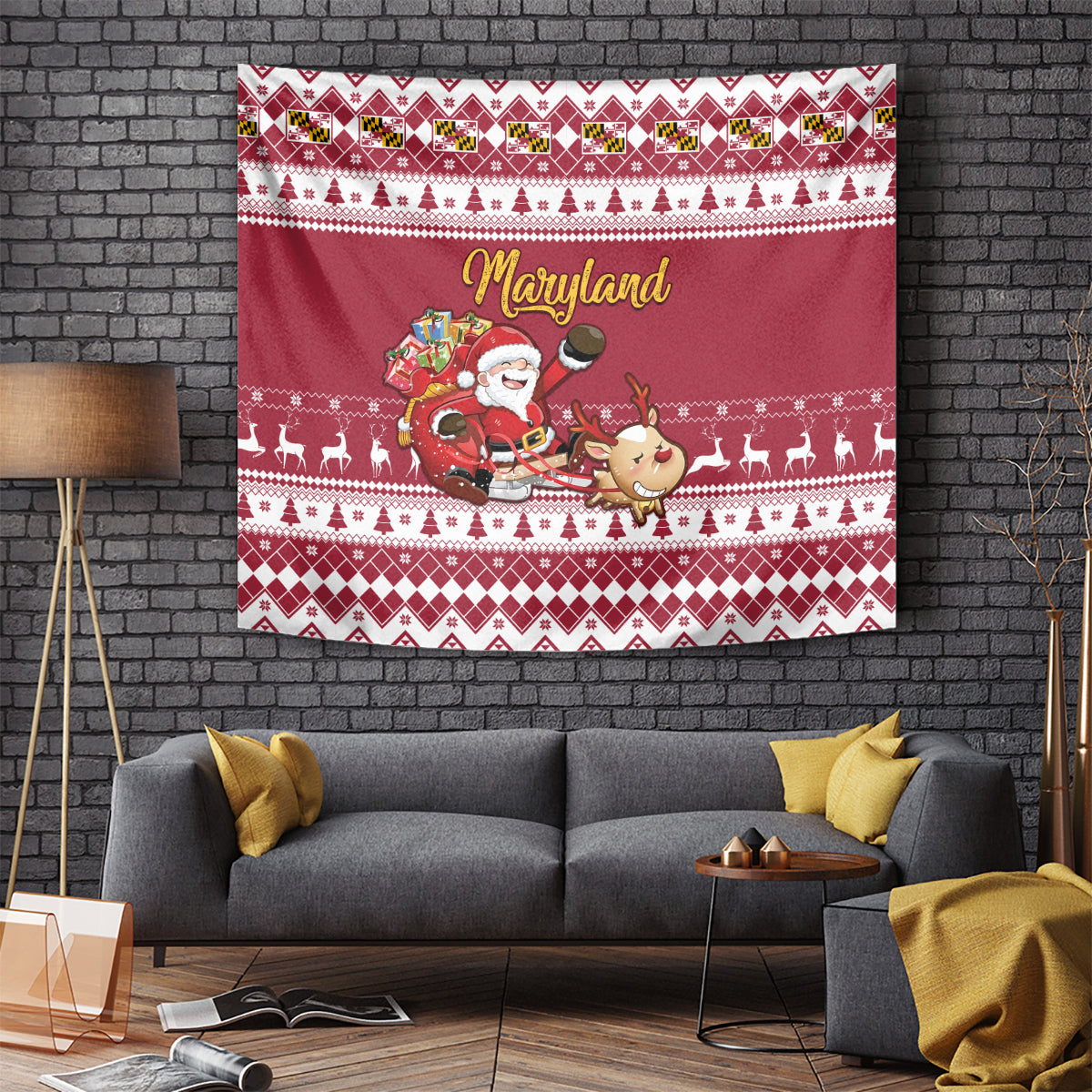 Red rectangular Christmas tapestry with Santa, reindeer, and Maryland text