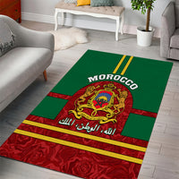 Green area rug with red coat of arms crest and gold striped border, Morocco lettering