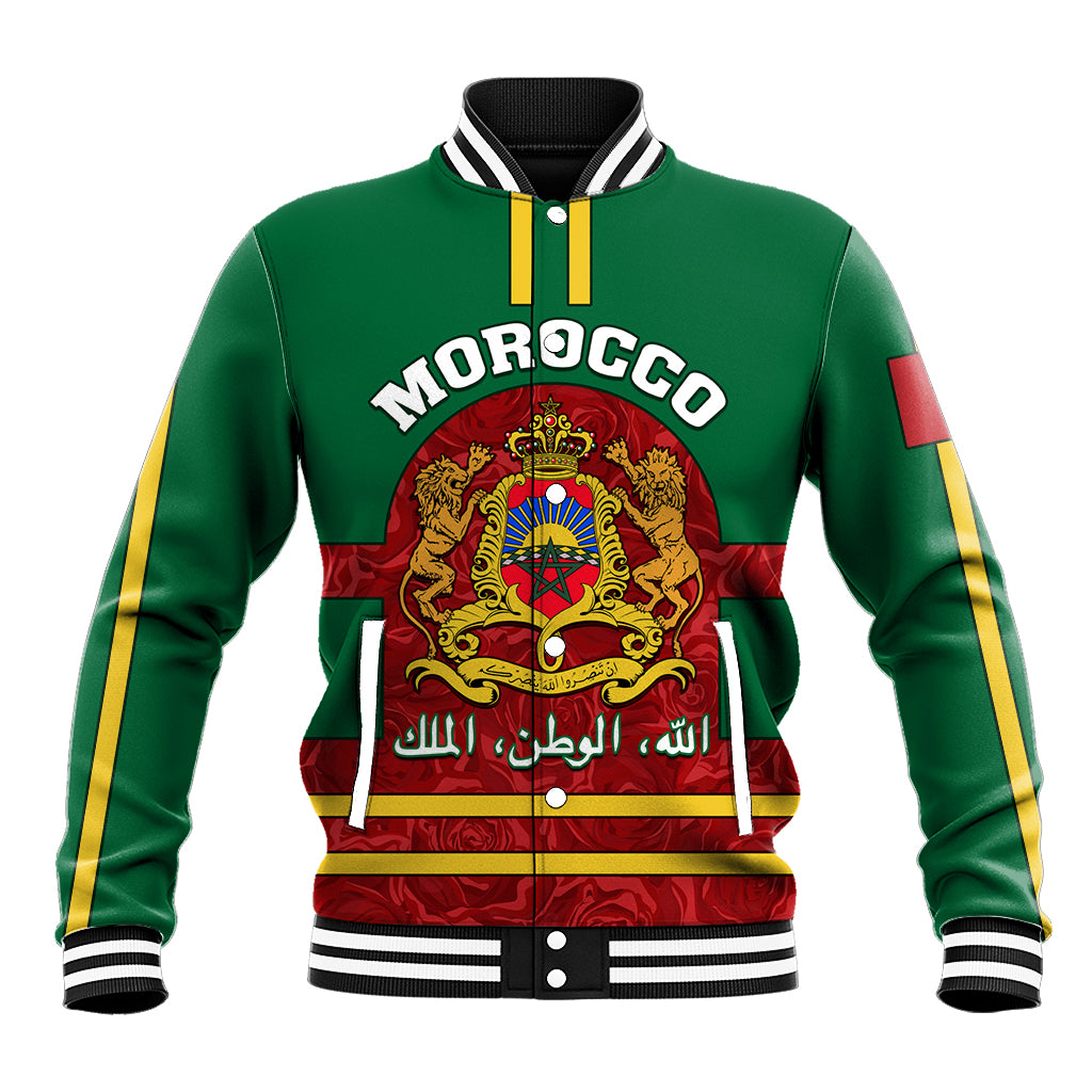 Green baseball jacket with Morocco crest graphic, yellow side stripes, ribbed collar