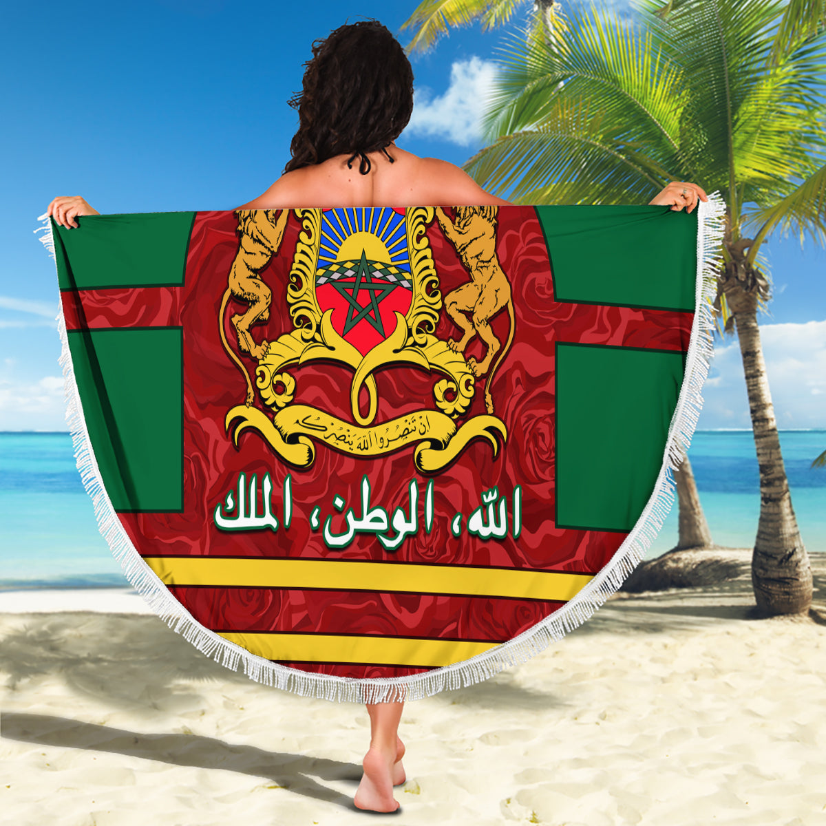 Round Morocco beach blanket, green with tassel fringe, lions crest and emblem