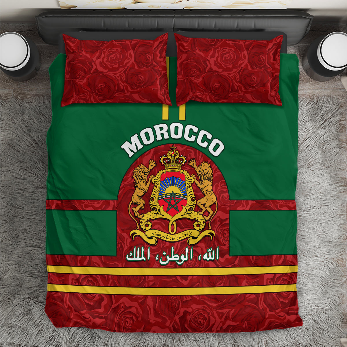 Morocco themed bedding set with green/red flag design, roses pattern, 2 red pillow shams