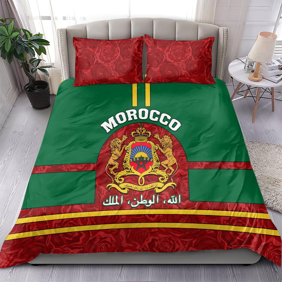 Morocco themed bedding set with green duvet, red rose accents, crest and 'MOROCCO' text, 2 shams