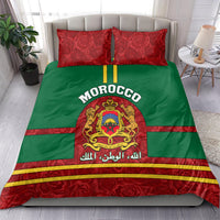 Morocco themed bedding set with green duvet, red rose accents, crest and 'MOROCCO' text, 2 shams