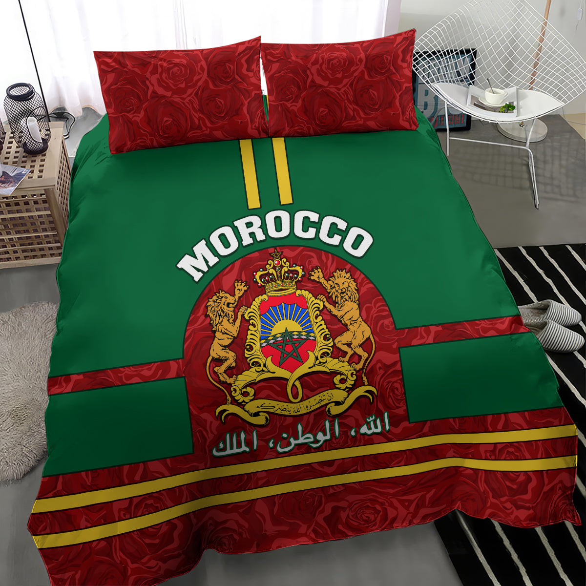 Morocco themed bedding set with green duvet and red crest, 'MOROCCO' lettering, roses border, 2 shams