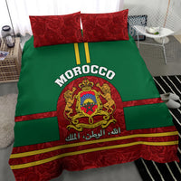 Morocco themed bedding set with green duvet and red crest, 'MOROCCO' lettering, roses border, 2 shams
