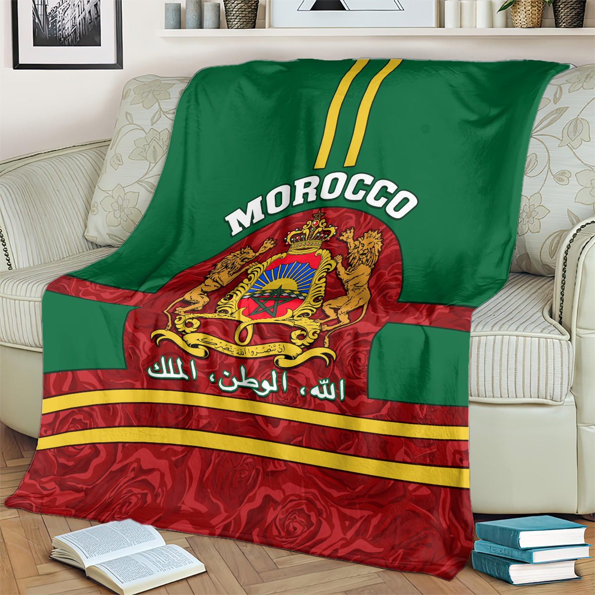 Morocco coat of arms blanket on couch, green top and red bottom with yellow stripe details