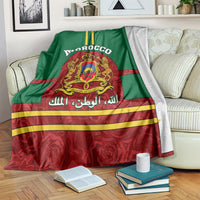 Morocco coat of arms blanket over armchair, green and red with crest emblem and Arabic text