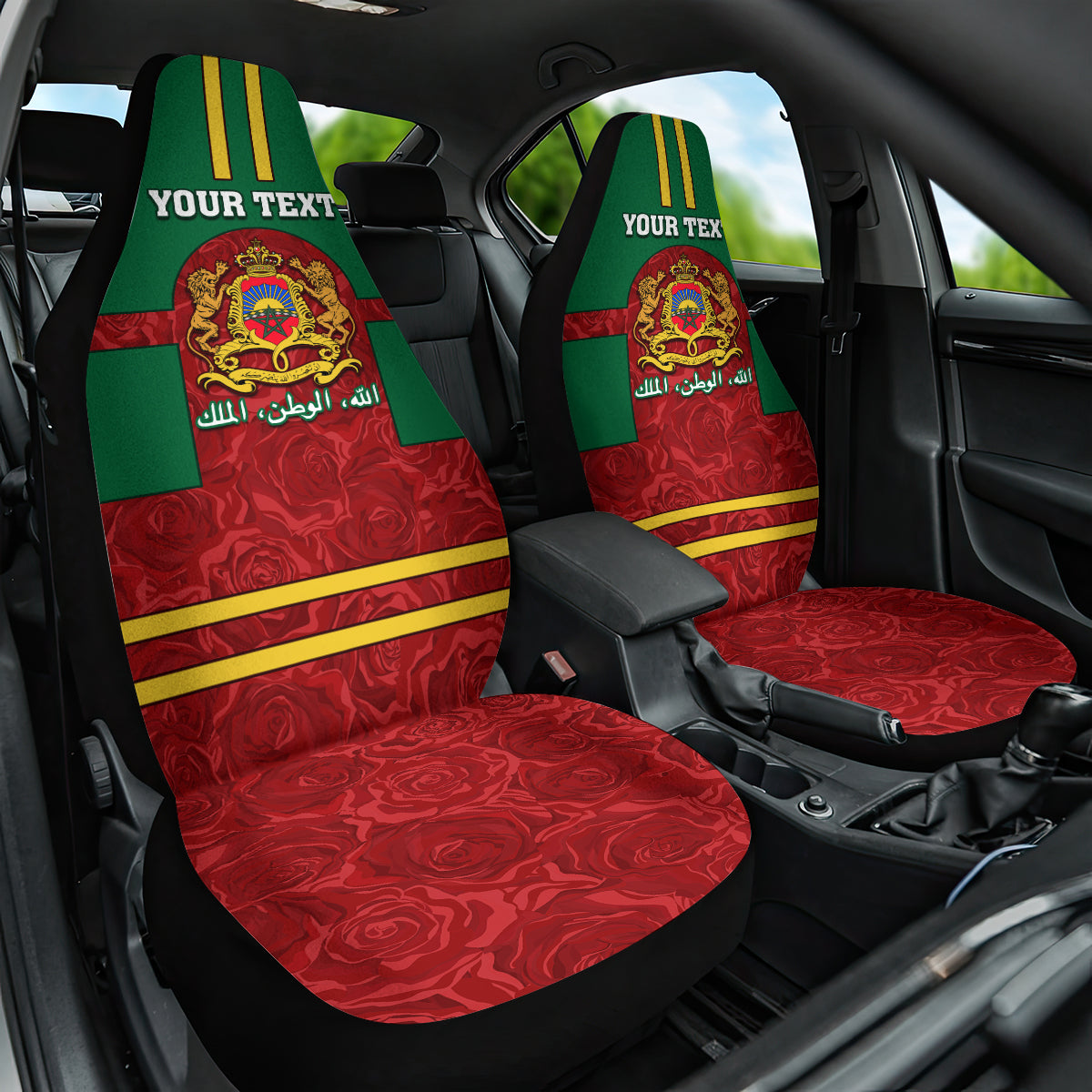 morocco-proclamation-day-car-seat-cover-marruecos-coat-of-arms-roses-pattern