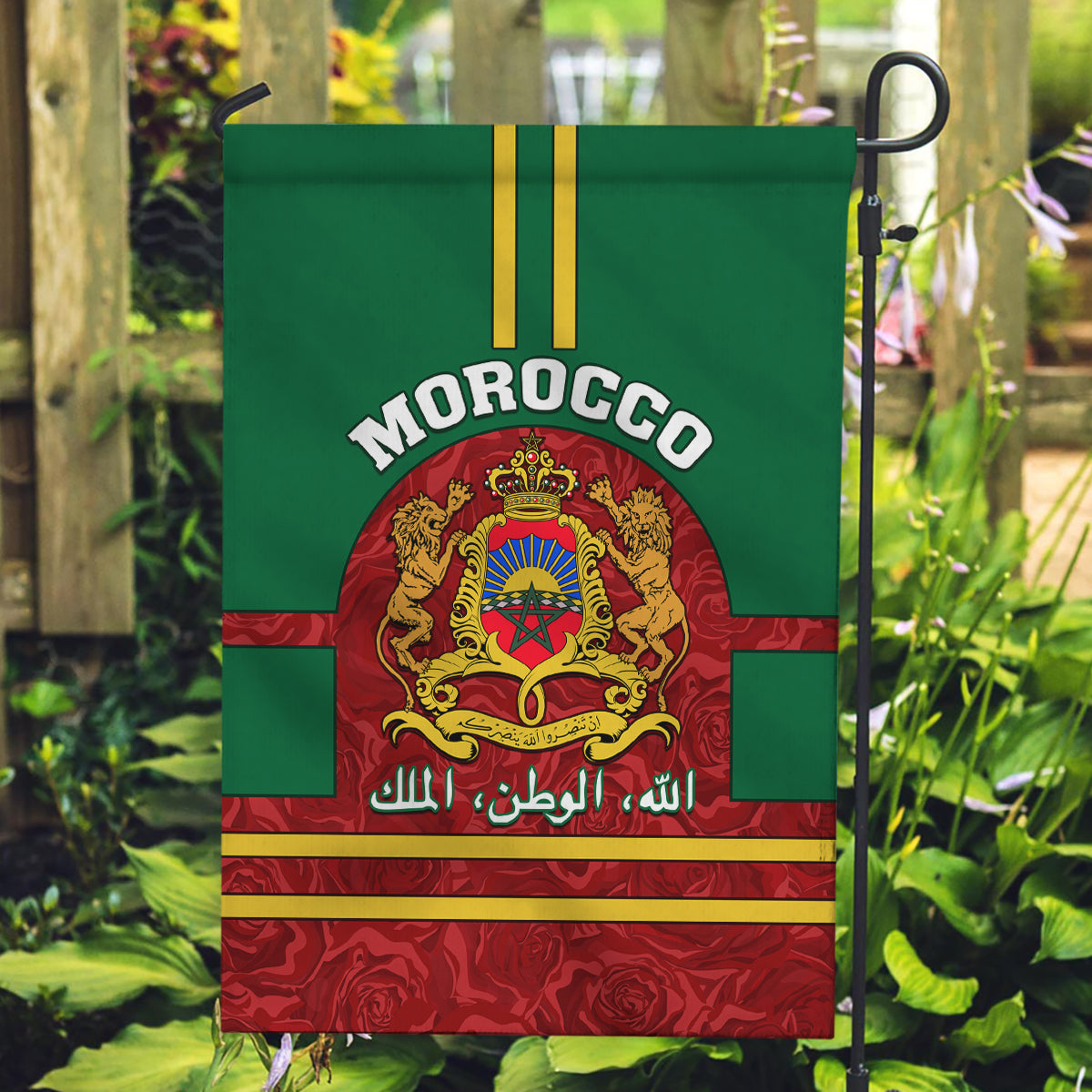 Morocco Proclamation Day Garden Flag Marruecos Coat of Arms Roses Pattern - Wonder Print Shop