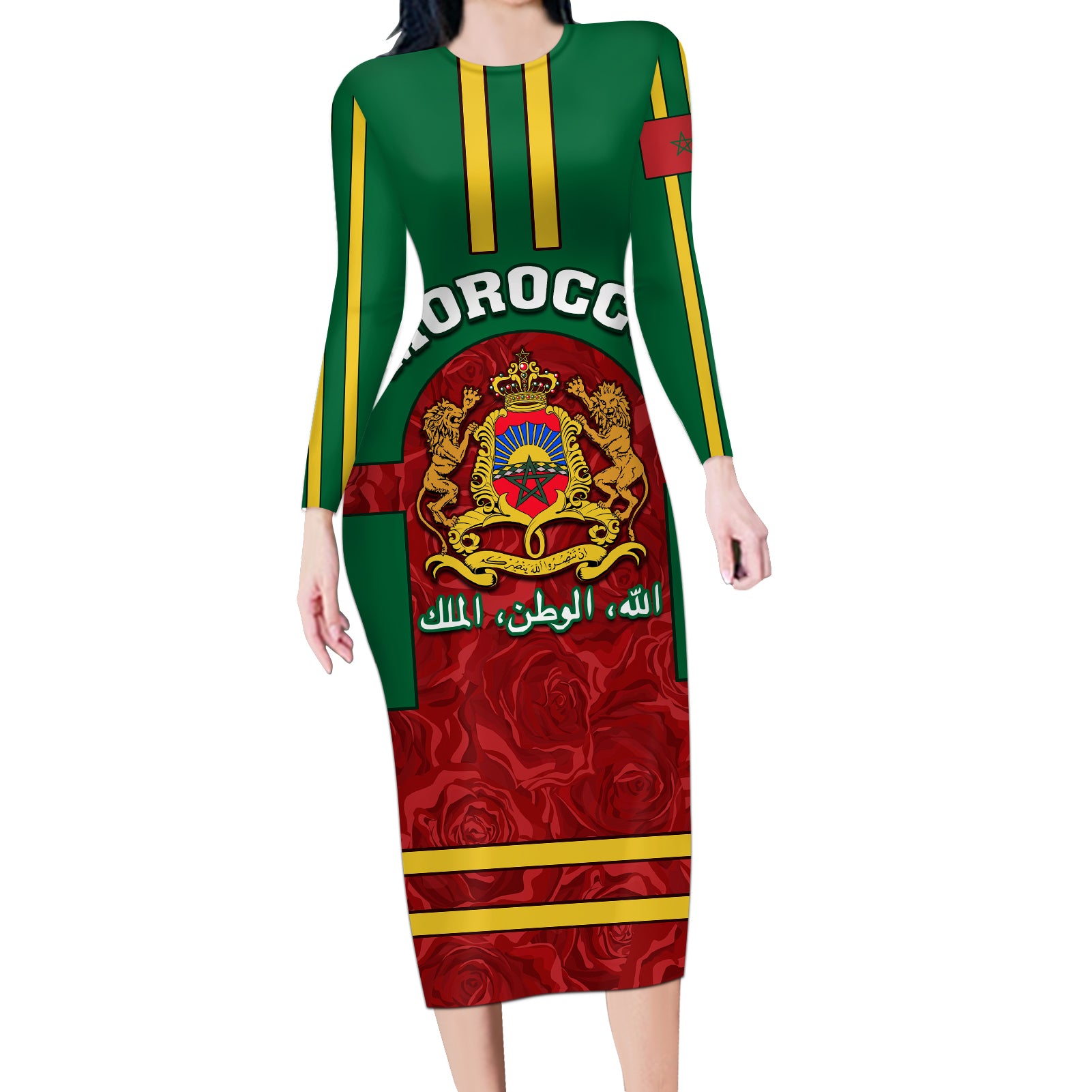 morocco-proclamation-day-long-sleeve-bodycon-dress-marruecos-coat-of-arms-roses-pattern