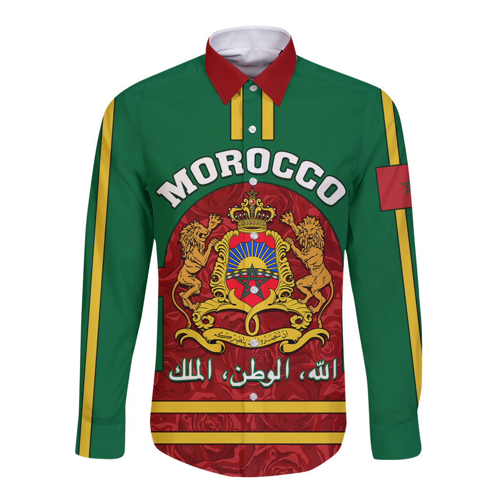 Green long-sleeve button shirt with red-and-gold crest graphic and gold sleeve stripes