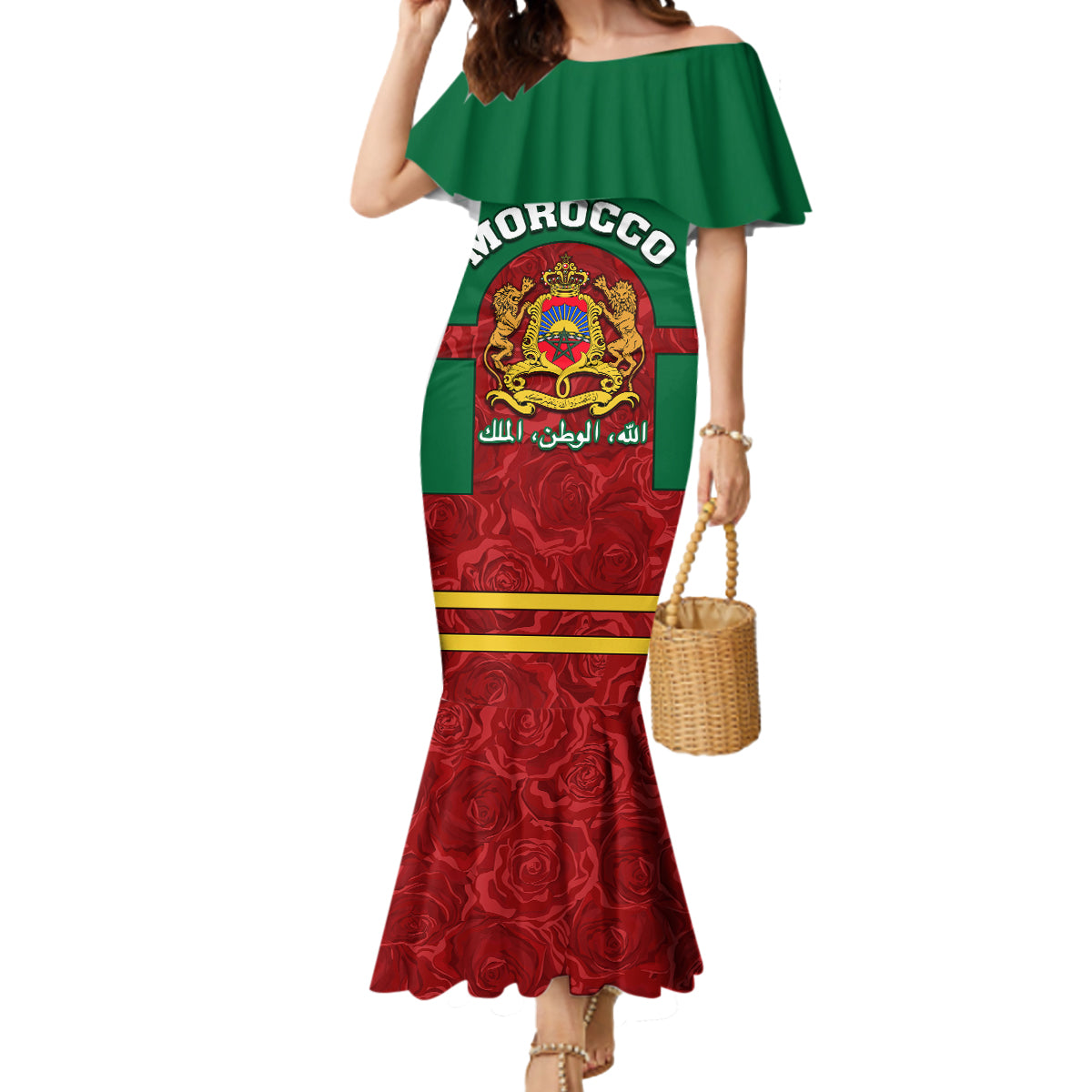 morocco-proclamation-day-mermaid-dress-marruecos-coat-of-arms-roses-pattern