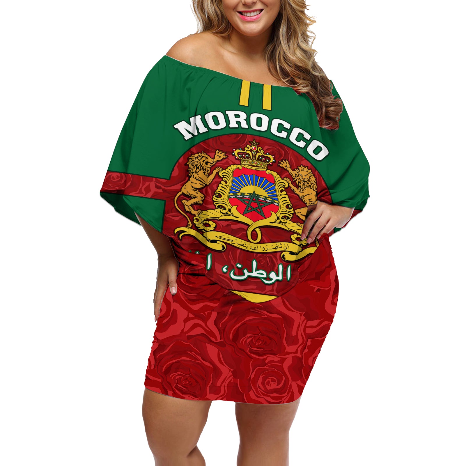 morocco-proclamation-day-off-shoulder-short-dress-marruecos-coat-of-arms-roses-pattern