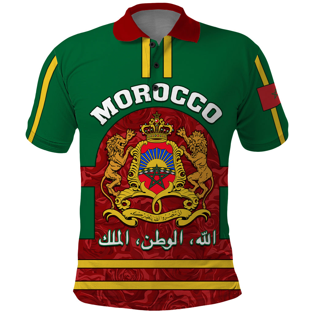 Morocco Proclamation Day Polo Shirt Marruecos Coat of Arms Roses Pattern - Wonder Print Shop