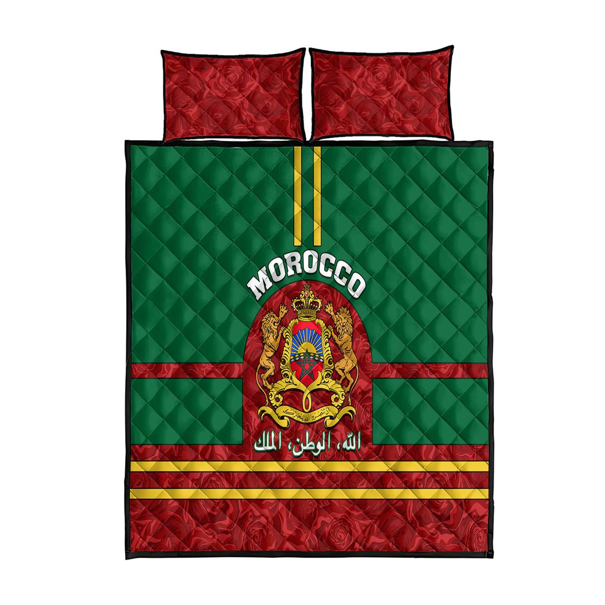 morocco-proclamation-day-quilt-bed-set-marruecos-coat-of-arms-roses-pattern