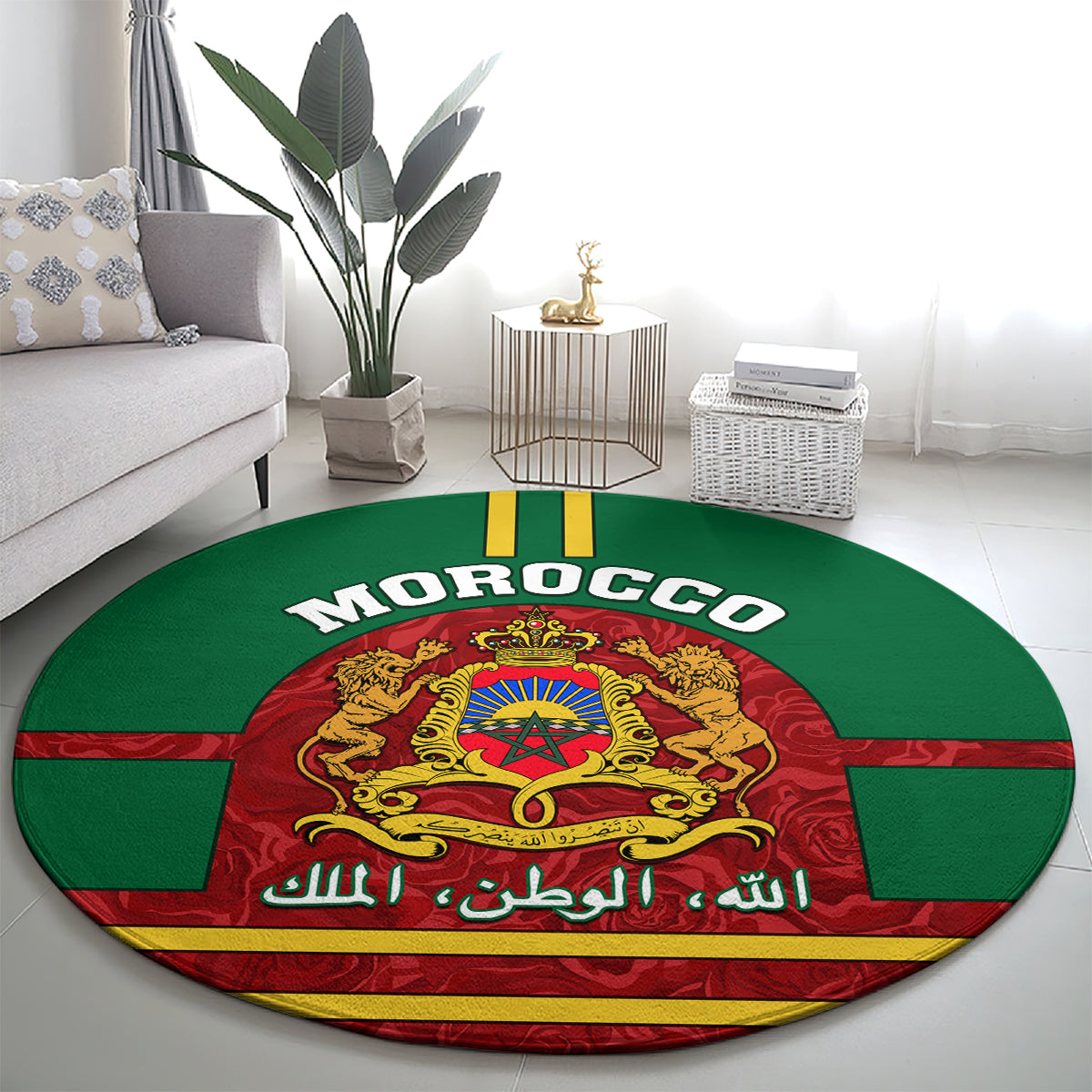 Green round carpet with MOROCCO text and red-and-gold coat of arms