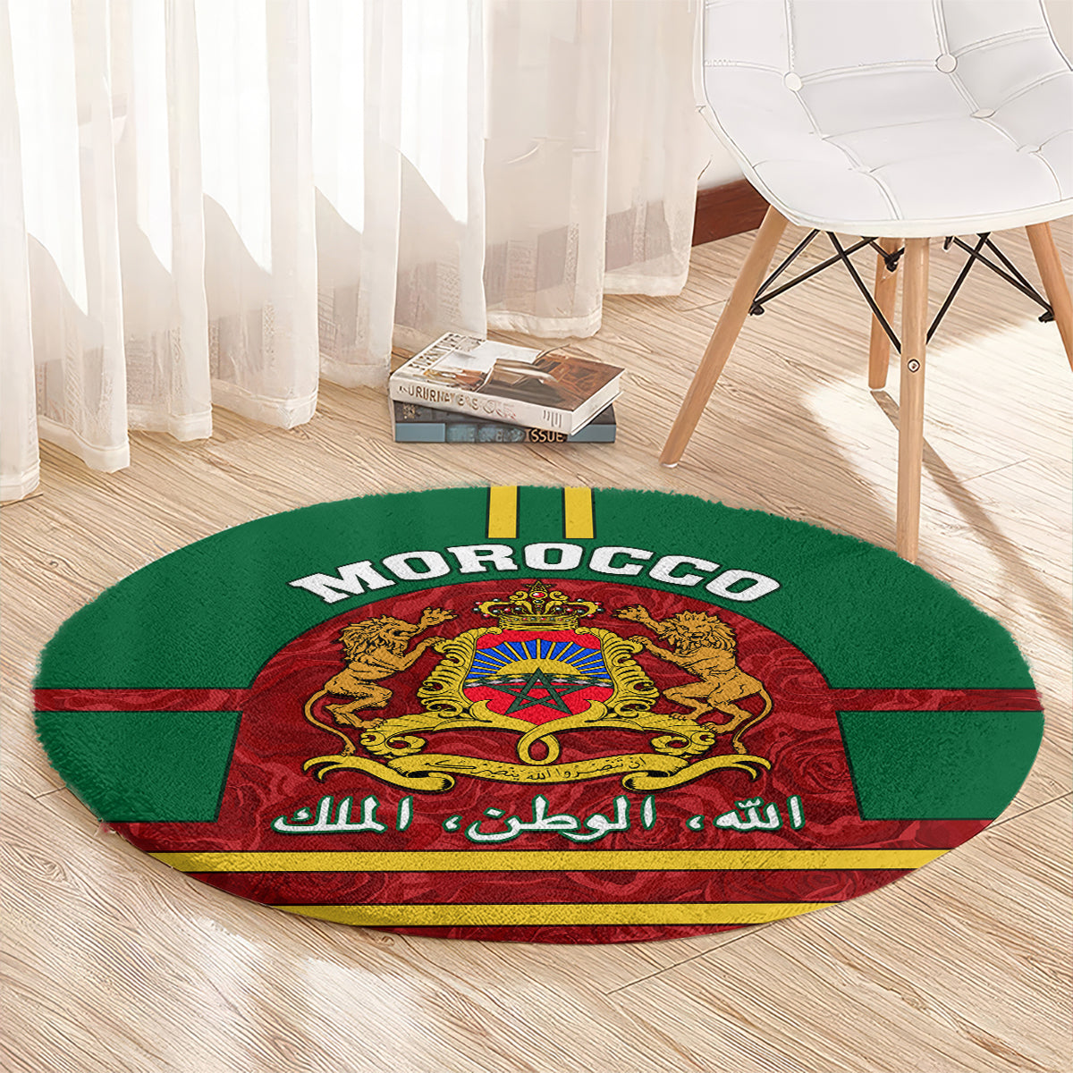 Green round carpet with MOROCCO text and central red coat of arms