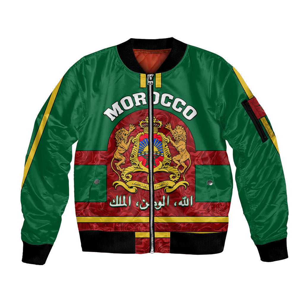 morocco-proclamation-day-sleeve-zip-bomber-jacket-marruecos-coat-of-arms-roses-pattern