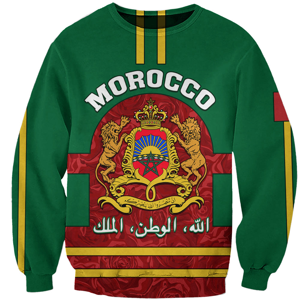 Green crewneck sweatshirt with Morocco text and coat-of-arms graphic