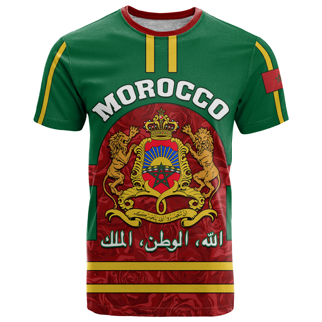 morocco-proclamation-day-t-shirt-marruecos-coat-of-arms-roses-pattern