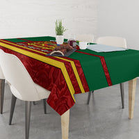 Morocco tablecloth on a dining table with green top band, red base, and gold stripe border