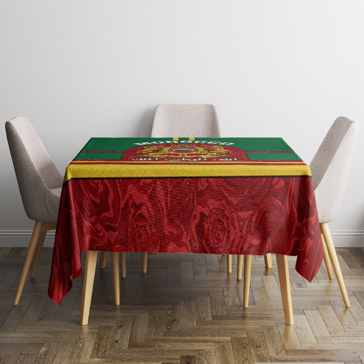 Morocco proclamation tablecloth with red textured center, green band, and gold trim