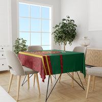 Morocco themed tablecloth with red and green panels, gold stripes, and central crest