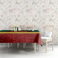Morocco tablecloth with red patterned surface and green-and-gold stripe border