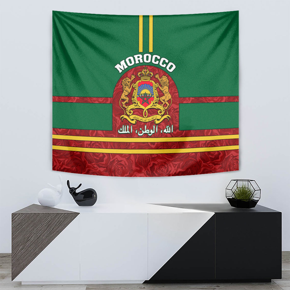Morocco flag tapestry with coat of arms crest, red stripes, and ornate rose bottom