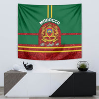 Morocco flag tapestry with coat of arms crest, red stripes, and ornate rose bottom