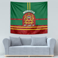 Green and red Morocco tapestry featuring coat of arms emblem and rose-patterned border