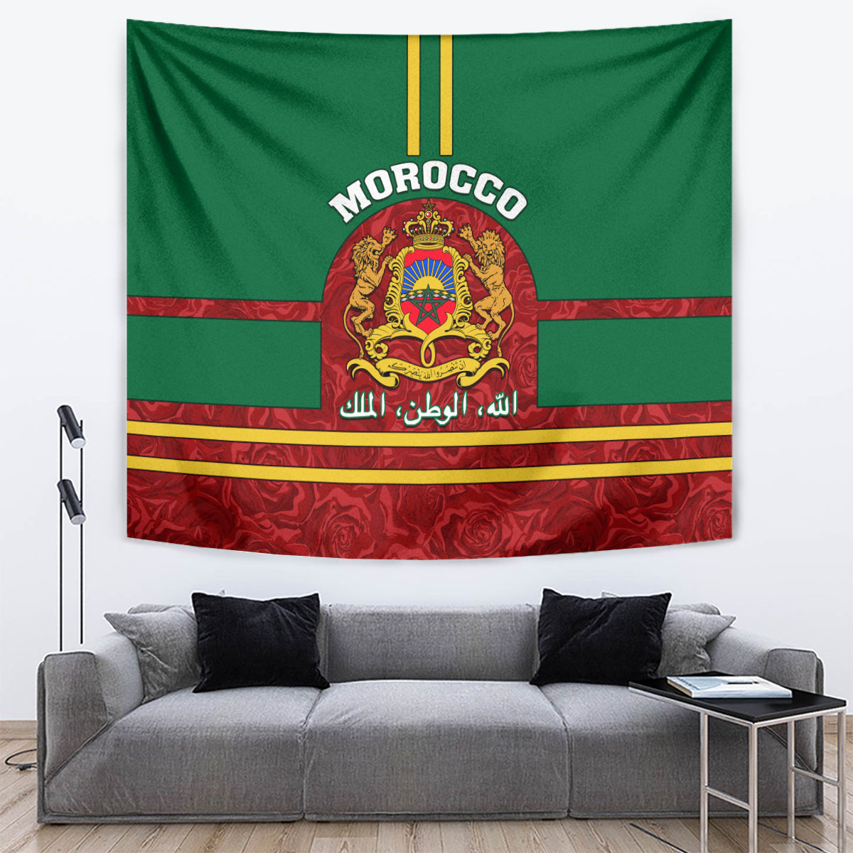Morocco tapestry flag design with coat of arms crest, red stripes, and rose pattern