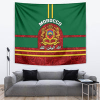 Morocco tapestry flag design with coat of arms crest, red stripes, and rose pattern