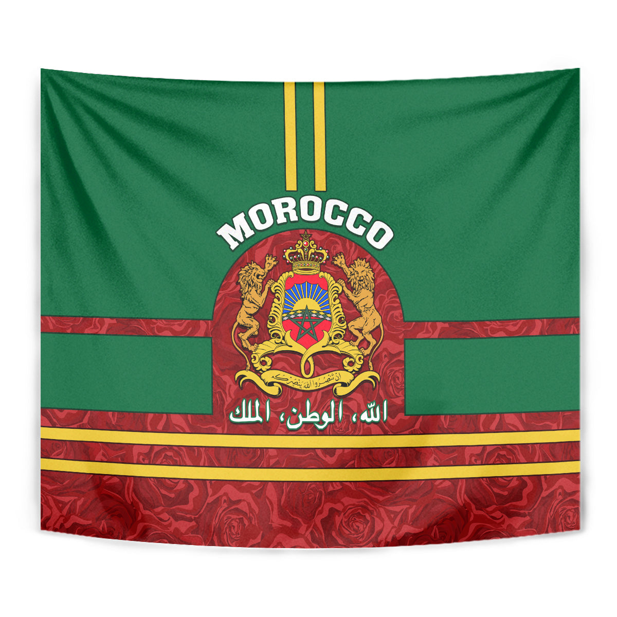 Close-up Morocco tapestry with coat of arms crest and red rose-patterned bottom