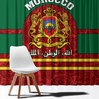 Morocco themed window curtain panel with large coat of arms crest on green and red background
