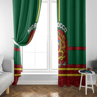 Morocco themed window curtain, green and red with coat of arms design at the side edges