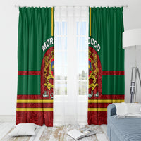 Morocco themed window curtain pair, green and red with coat of arms medallion and stripes