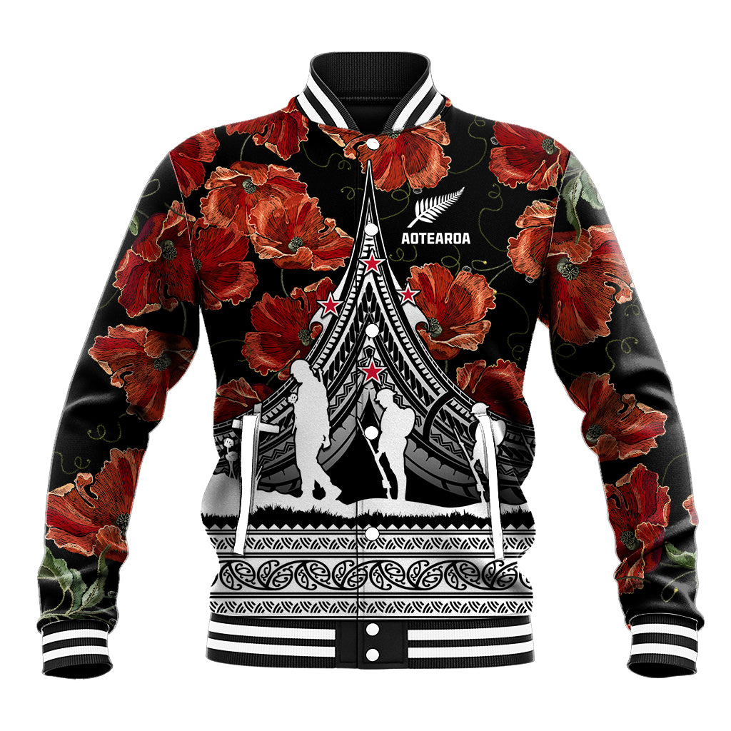 Black baseball jacket with red poppy floral print and central Polynesian graphic