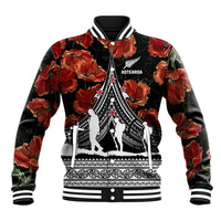 Black baseball jacket with red poppy floral print and central Polynesian graphic